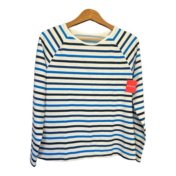 NEW SPANX Ocean Stripe Coastal Blue MED M Swim Sun Rash Protection Shirt UPF 50+ - Picture 1 of 6